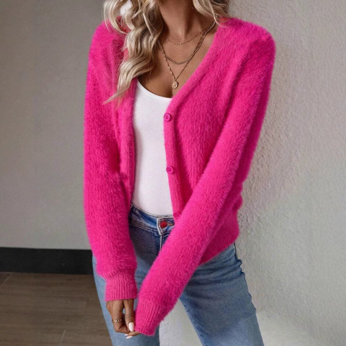 Fluffy V-Neck Knit Cardigan Sweater with Button-Front Closure - White Cardigan 4