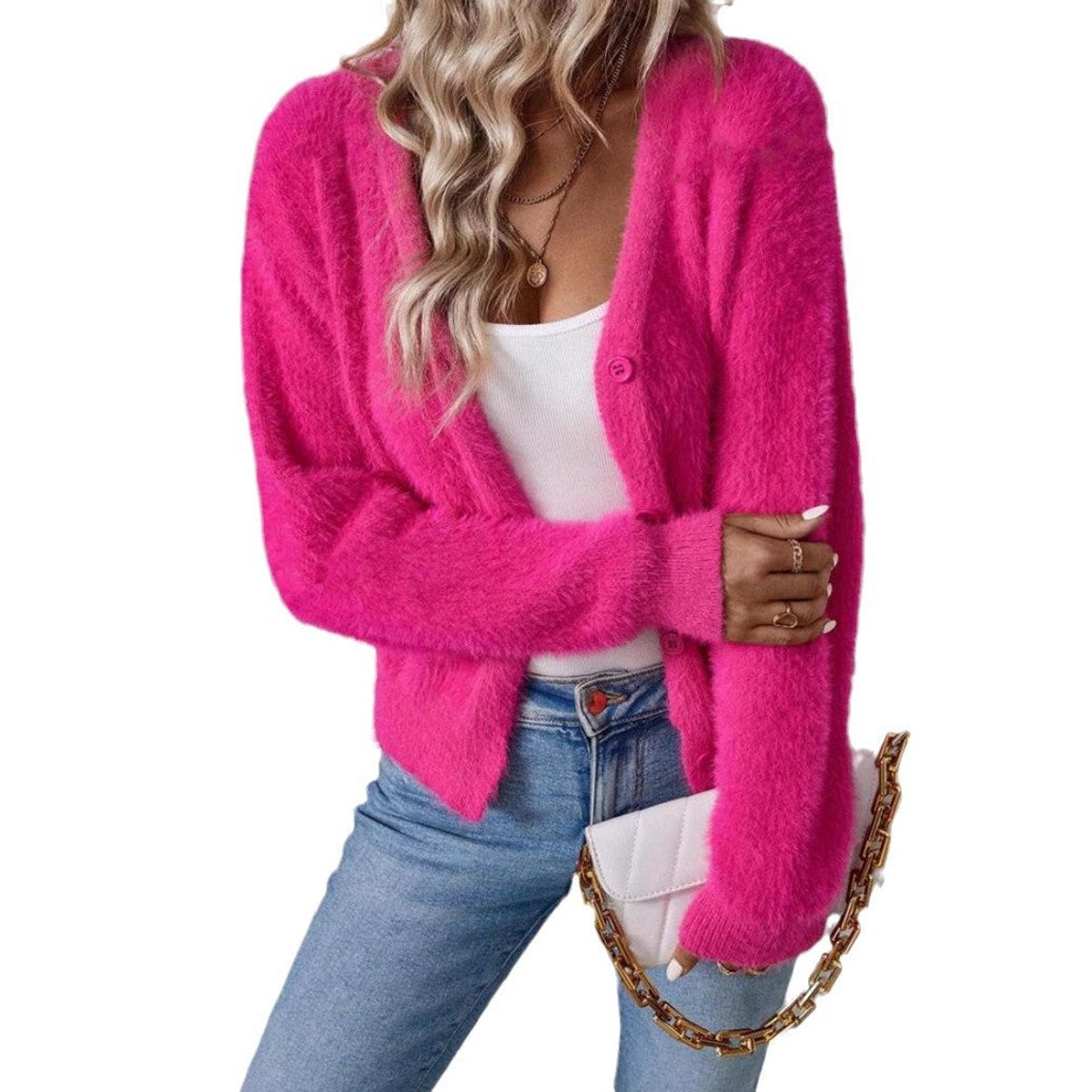 Fluffy V-Neck Knit Cardigan Sweater with Button-Front Closure - White Cardigan 6