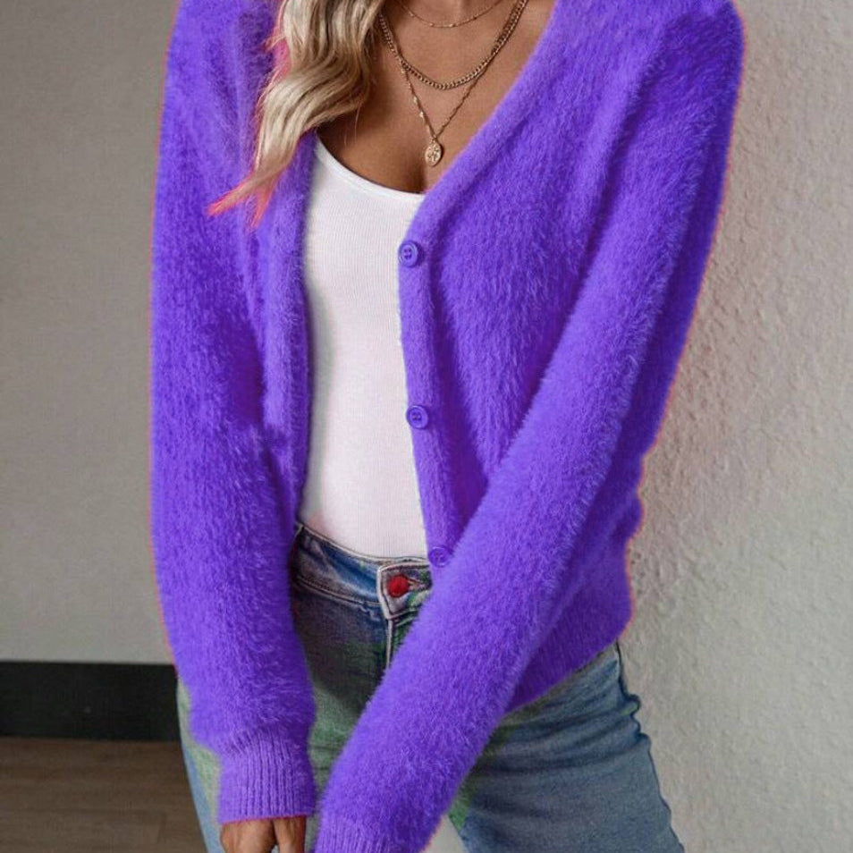 Fluffy V-Neck Knit Cardigan Sweater with Button-Front Closure - White Cardigan