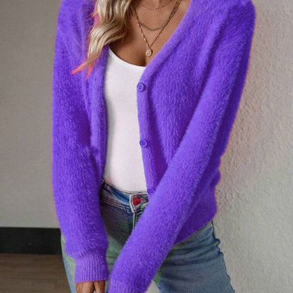 Fluffy V-Neck Knit Cardigan Sweater with Button-Front Closure - White Cardigan