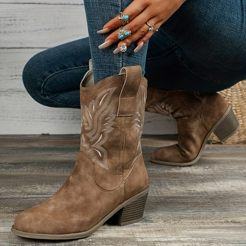 Galateia Wide Calf Cowboy Boots - Embroidered Western Design with Stacked Heel 0