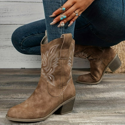 Galateia Wide Calf Cowboy Boots - Embroidered Western Design with Stacked Heel 0