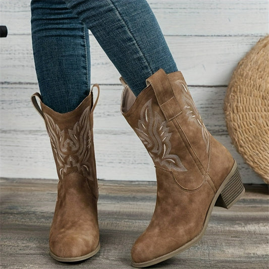 Galateia Wide Calf Cowboy Boots - Embroidered Western Design with Stacked Heel 1