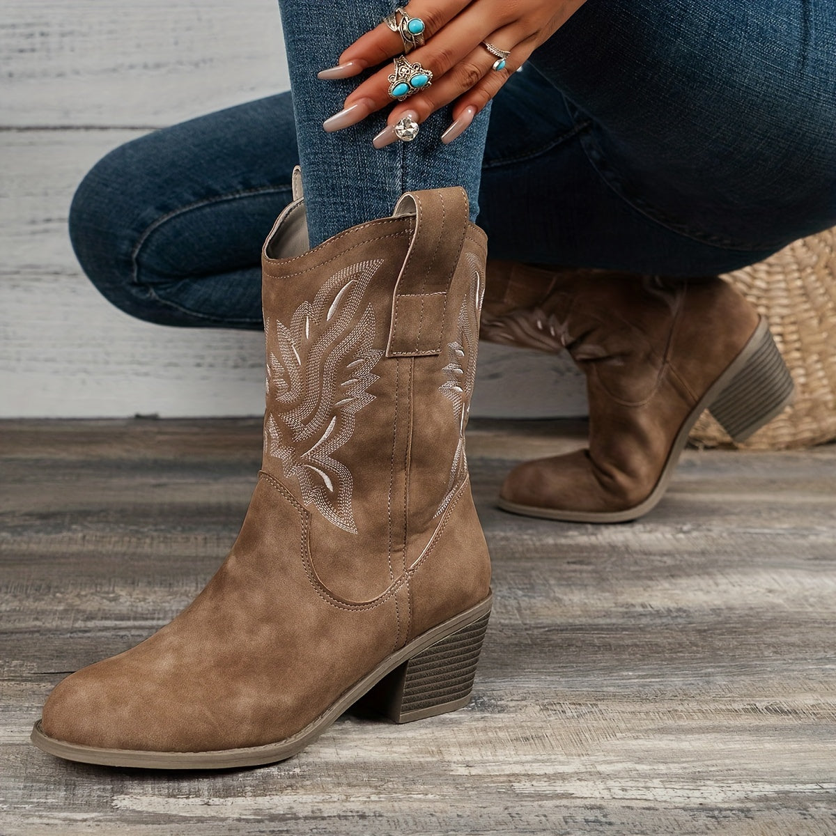 Galateia Wide Calf Cowboy Boots - Embroidered Western Design with Stacked Heel 2
