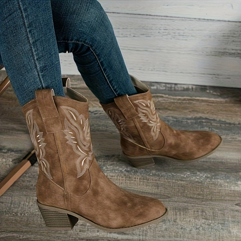 Galateia Wide Calf Cowboy Boots - Embroidered Western Design with Stacked Heel 3