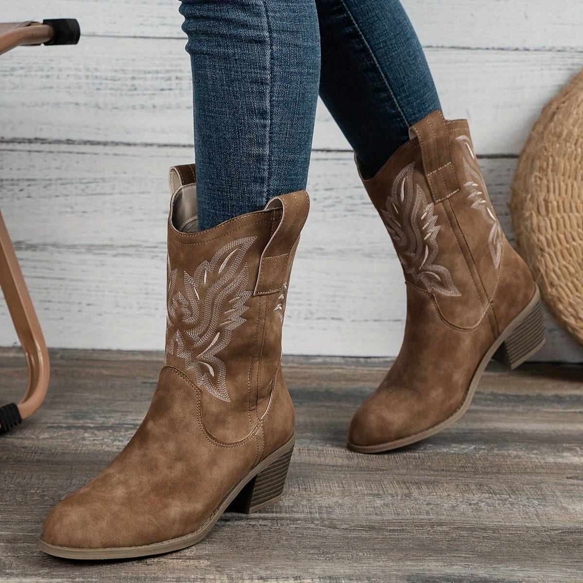 Galateia Wide Calf Cowboy Boots - Embroidered Western Design with Stacked Heel 4