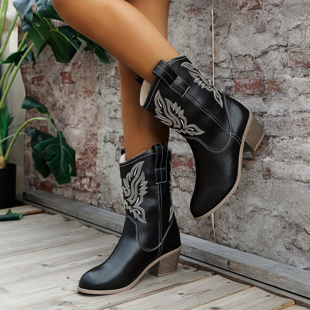Galateia Wide Calf Cowboy Boots - Embroidered Western Design with Stacked Heel 5