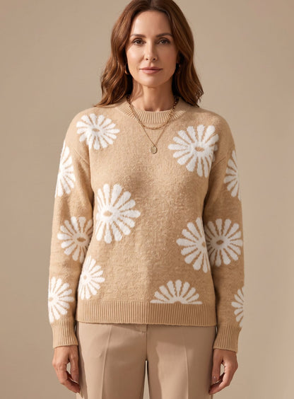Grace - Relaxed-Fit Floral Intarsia Knit Sweater with Daisy Motifs 3