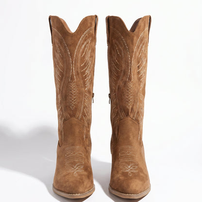 Grace Embroidered Black Cowboy Boots with Knee-High Block Heel