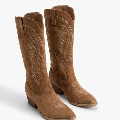 Grace Embroidered Black Cowboy Boots with Knee-High Block Heel