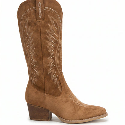 Grace Embroidered Black Cowboy Boots with Knee-High Block Heel