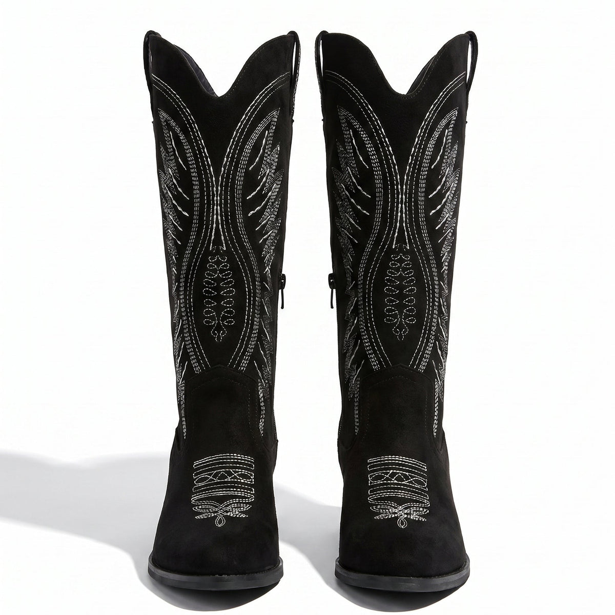 Grace Embroidered Black Cowboy Boots with Knee-High Block Heel