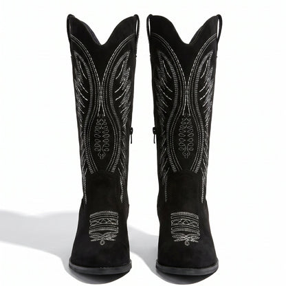 Grace Embroidered Black Cowboy Boots with Knee-High Block Heel