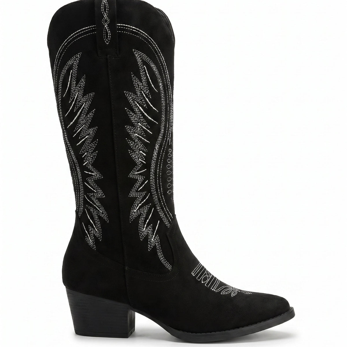Grace Embroidered Black Cowboy Boots with Knee-High Block Heel