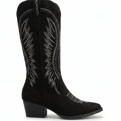 Grace Embroidered Black Cowboy Boots with Knee-High Block Heel