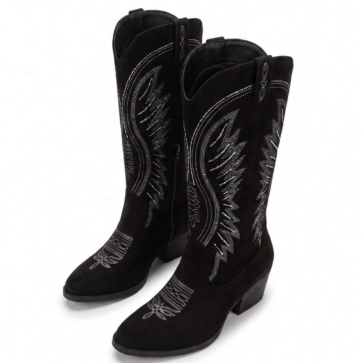Grace Embroidered Black Cowboy Boots with Knee-High Block Heel