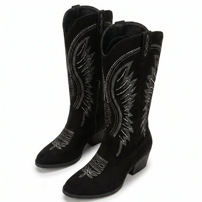 Grace Embroidered Black Cowboy Boots with Knee-High Block Heel