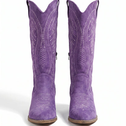 Grace Embroidered Black Cowboy Boots with Knee-High Block Heel