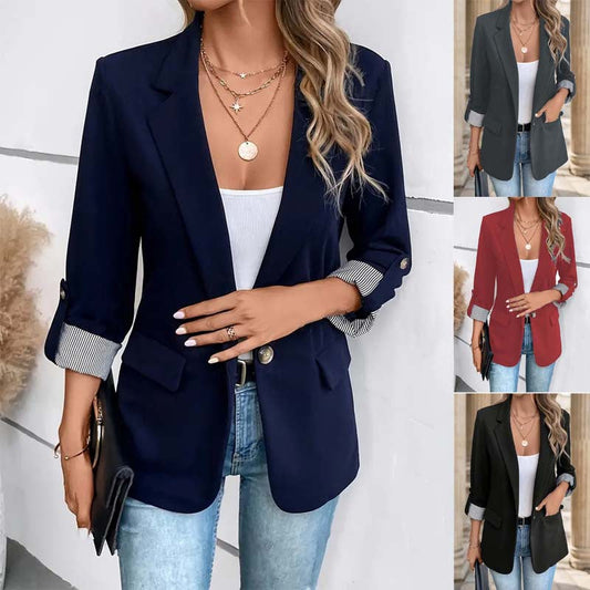 Hadley Blazer Jacket - Open Front Notch Lapel with Striped Cuff Detail 1