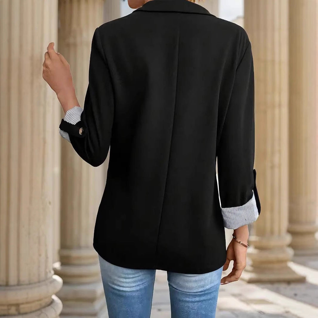 Hadley Blazer Jacket - Open Front Notch Lapel with Striped Cuff Detail 6