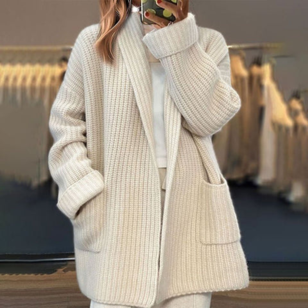 Halvara Long Cardigan Sweater - Chunky Knit Open Front with Pockets 0