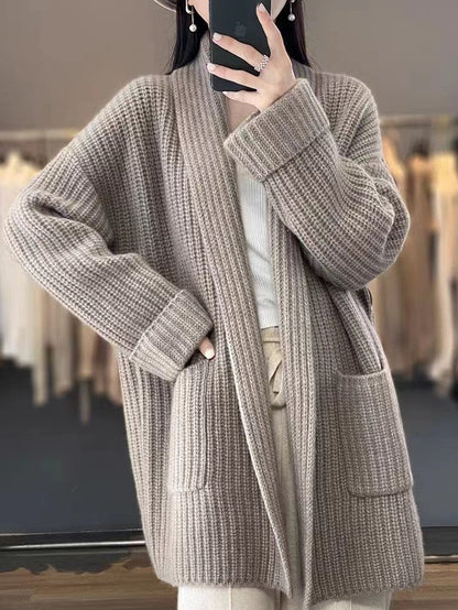 Halvara Long Cardigan Sweater - Chunky Knit Open Front with Pockets 4