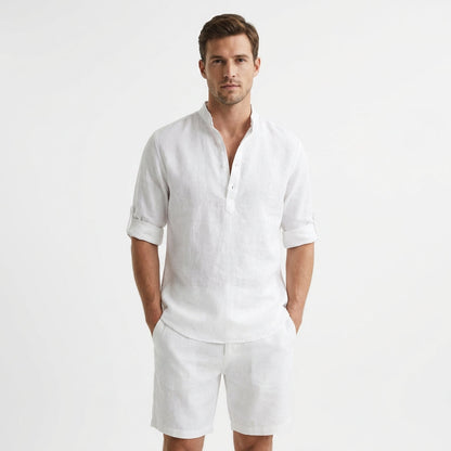 Hugo - Lightweight Mandarin Collar Henley Shirt with Rolled Sleeves 0