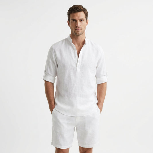 Hugo - Lightweight Mandarin Collar Henley Shirt with Rolled Sleeves 0