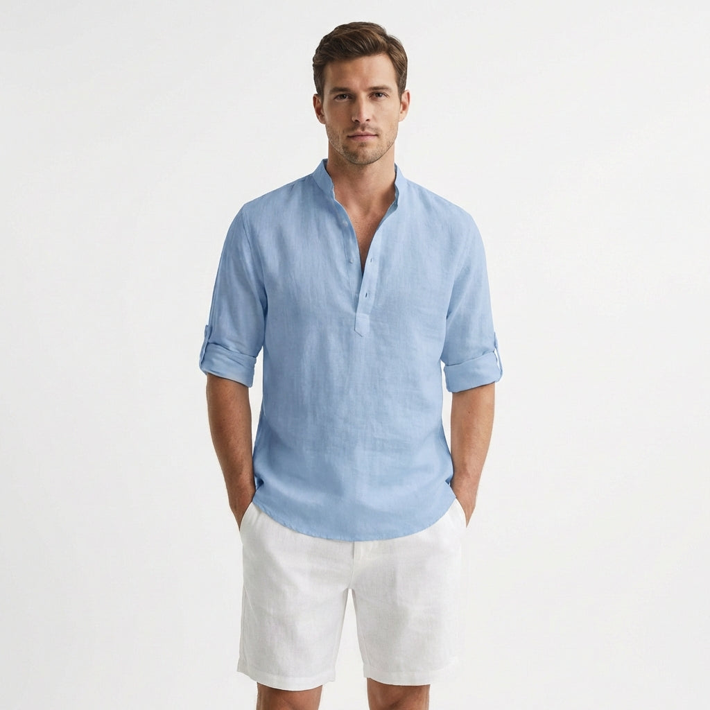 Hugo - Lightweight Mandarin Collar Henley Shirt with Rolled Sleeves 3