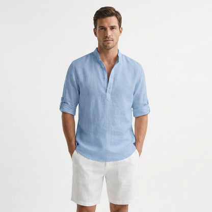 Hugo - Lightweight Mandarin Collar Henley Shirt with Rolled Sleeves 3