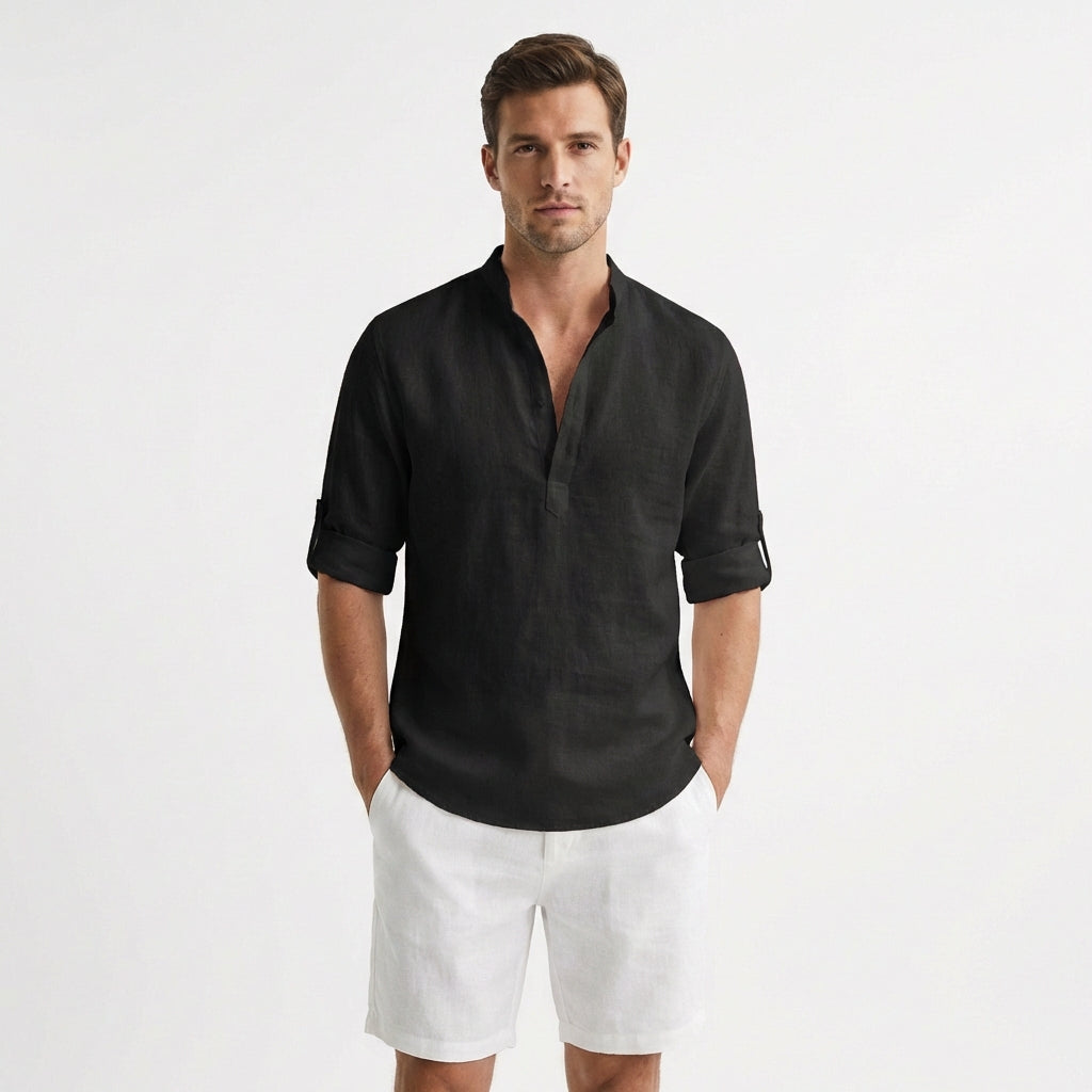Hugo - Lightweight Mandarin Collar Henley Shirt with Rolled Sleeves 4