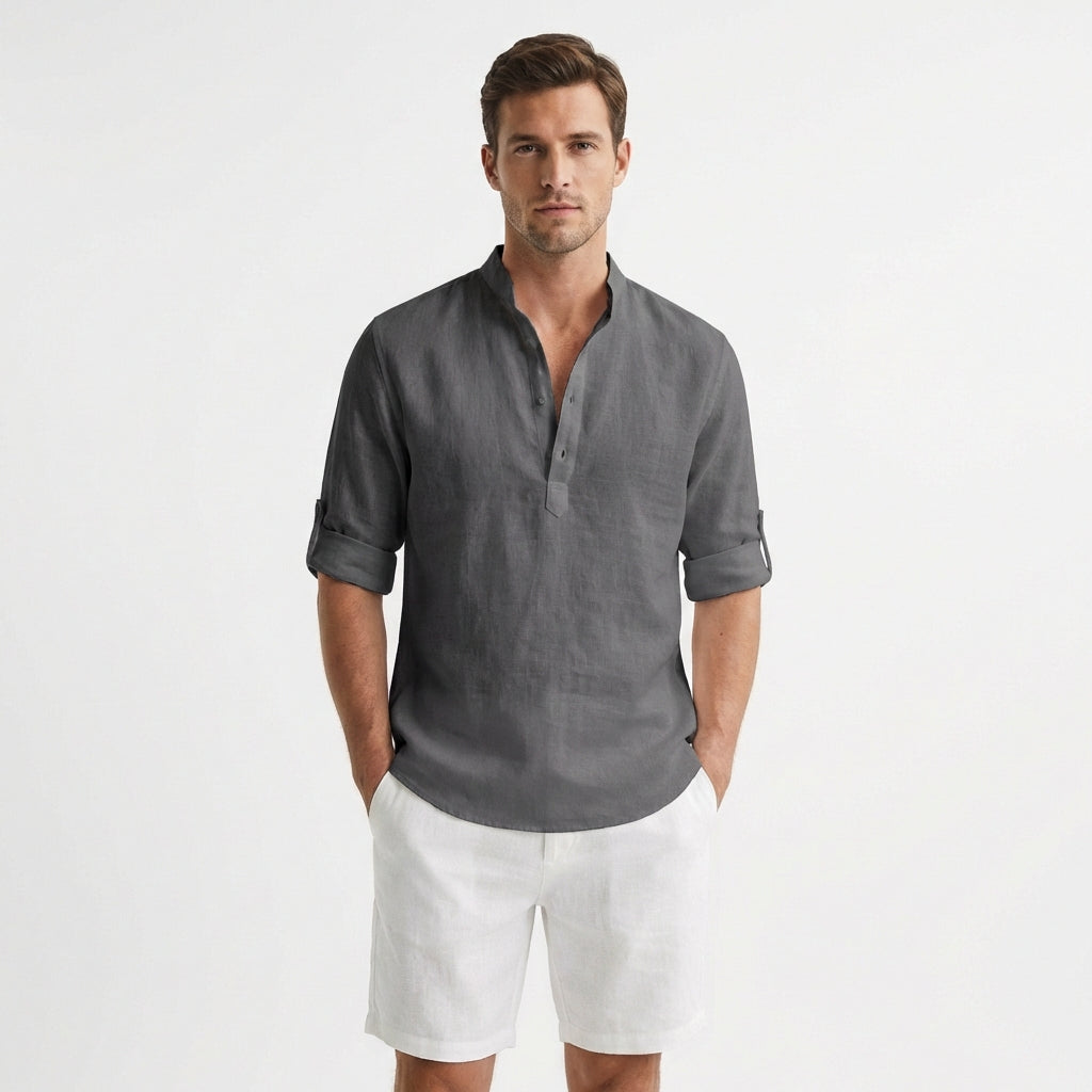 Hugo - Lightweight Mandarin Collar Henley Shirt with Rolled Sleeves 5