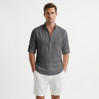 Hugo - Lightweight Mandarin Collar Henley Shirt with Rolled Sleeves 5