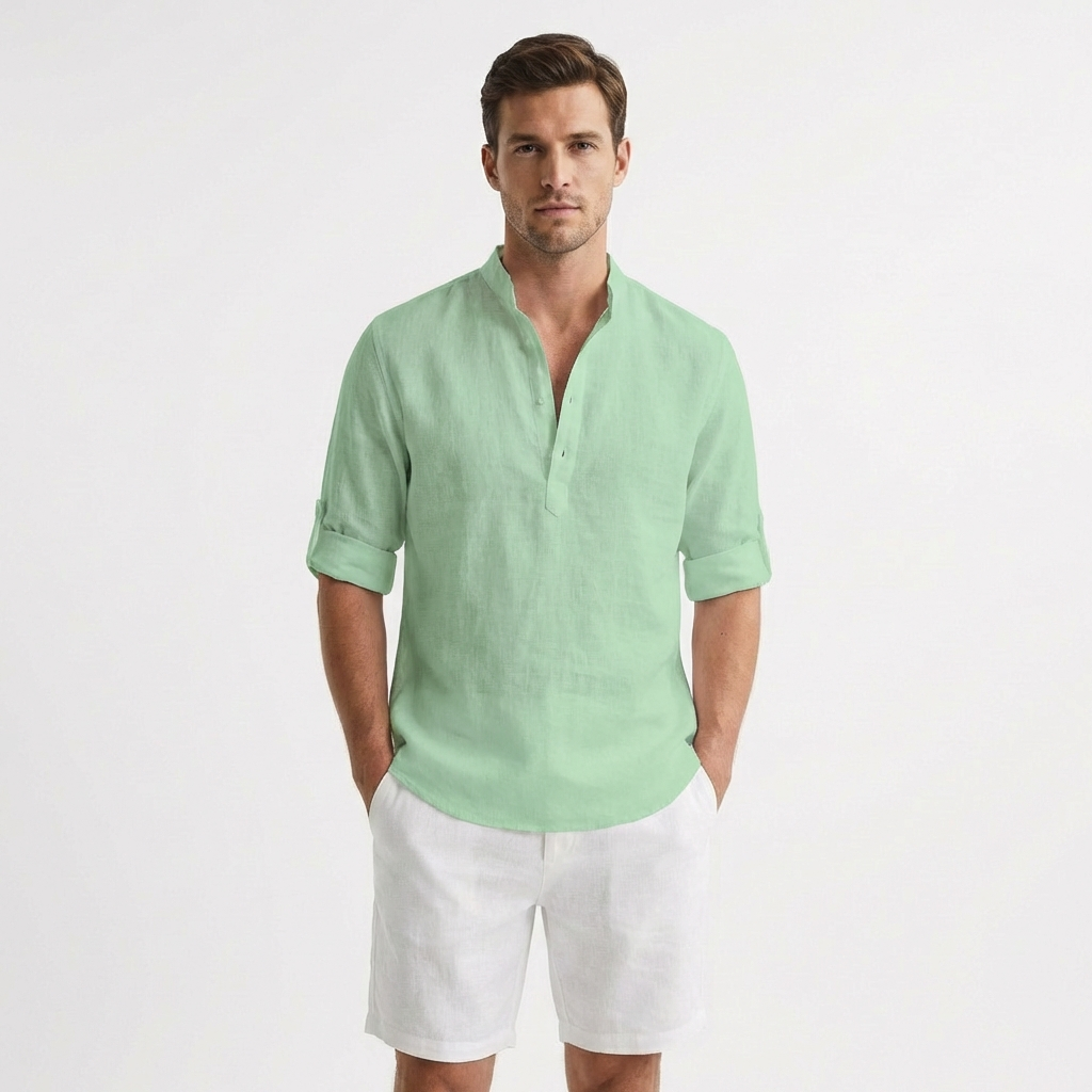 Hugo - Lightweight Mandarin Collar Henley Shirt with Rolled Sleeves 6