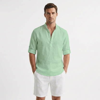 Hugo - Lightweight Mandarin Collar Henley Shirt with Rolled Sleeves 6