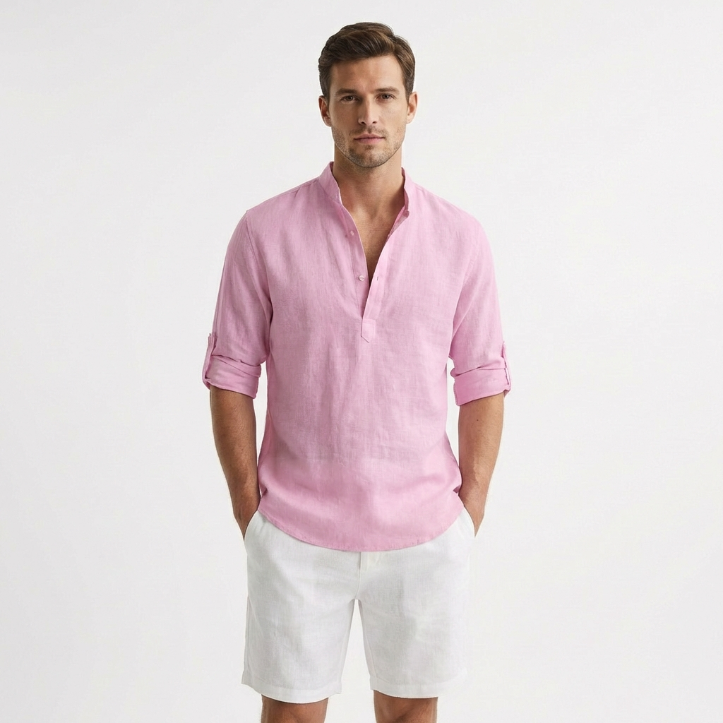 Hugo - Lightweight Mandarin Collar Henley Shirt with Rolled Sleeves 7