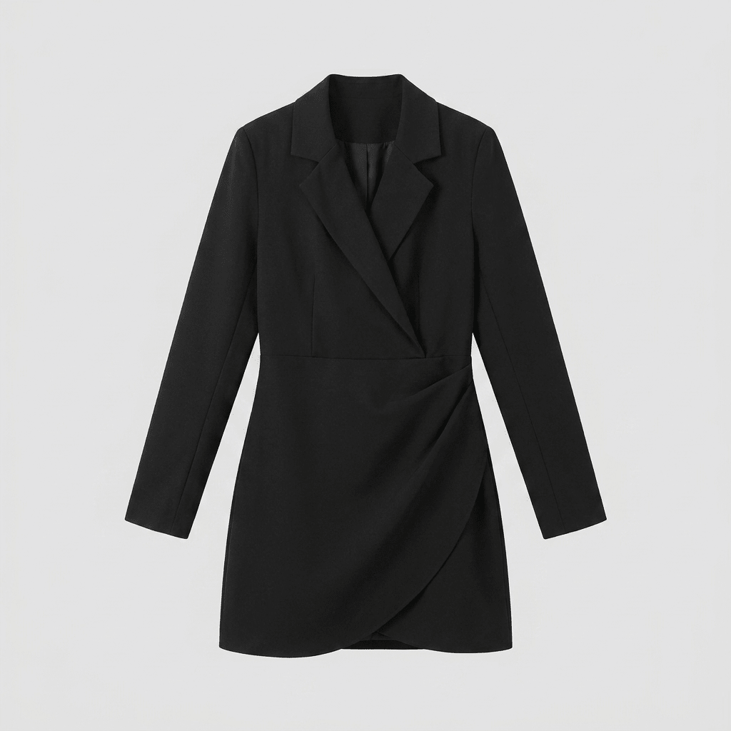 Isabelle Classic Black Midi Dress with Blazer Lapel and Single-Button Closure 2