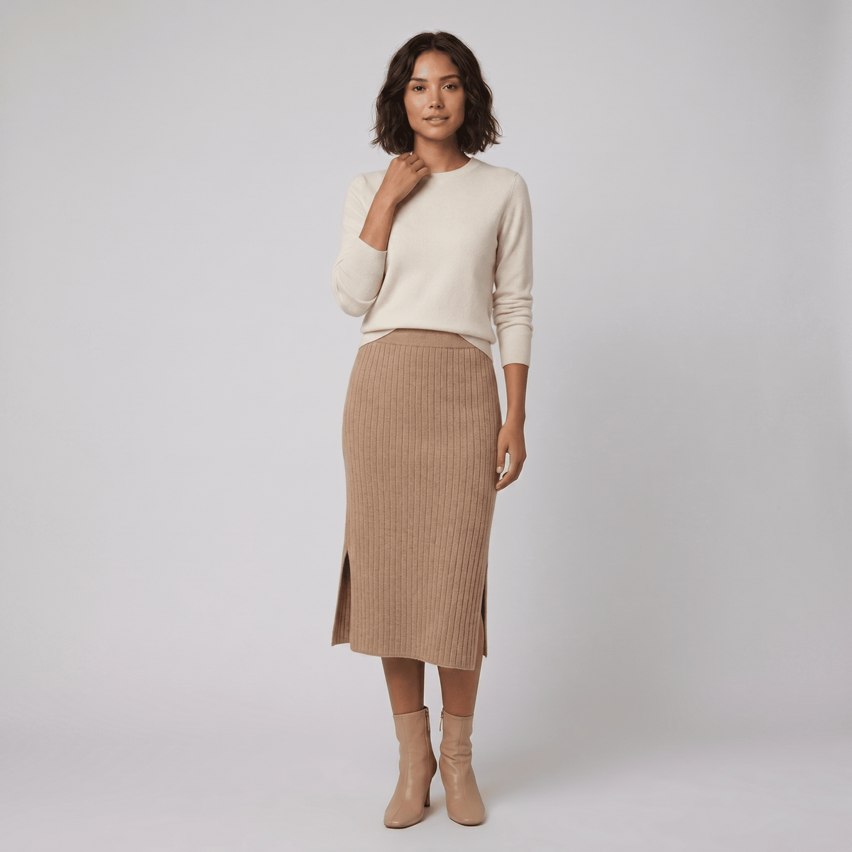 Juliette - Black Merino Wool Skirt with Side Slit & Ribbed Texture 3