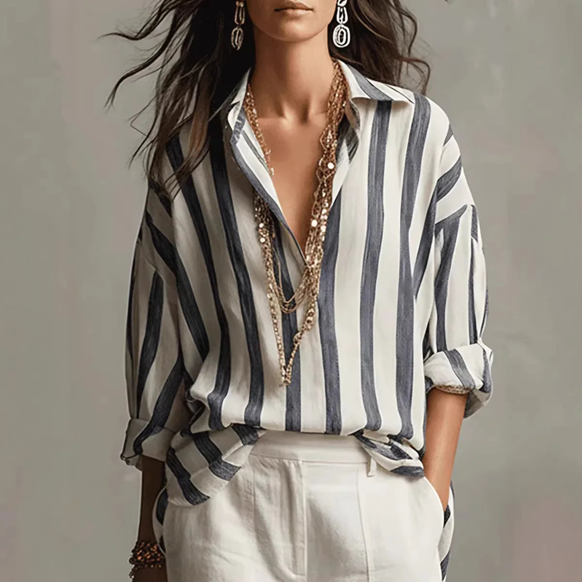 Juliette - Striped Long Sleeve Button Down Shirt, Relaxed Fit, Lightweight 0