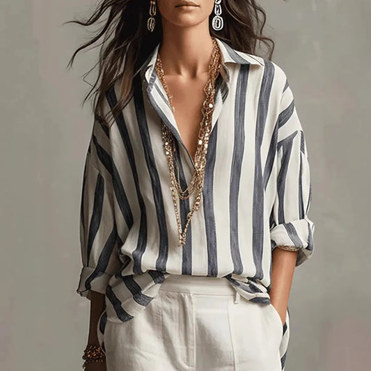 Juliette - Striped Long Sleeve Button Down Shirt, Relaxed Fit, Lightweight 0