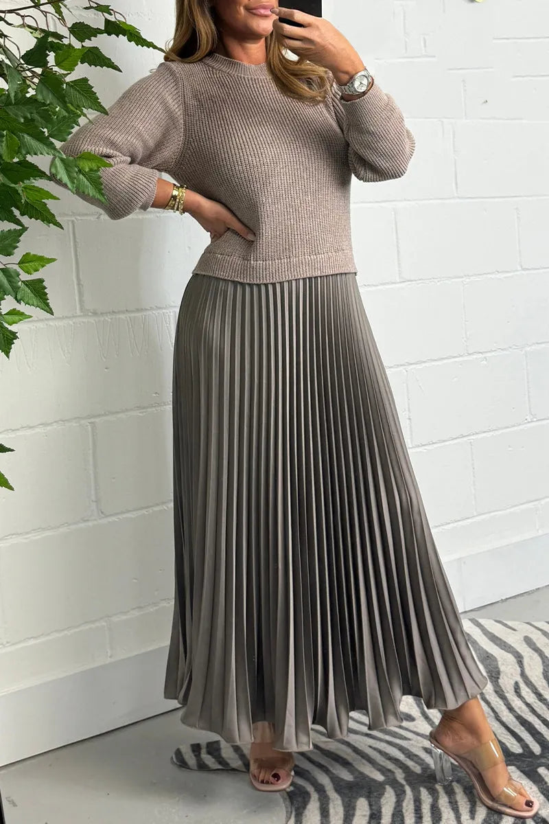 Knit Sweater Midi Dress With Long Sleeves And Pleated Skirt - Versatile Style 0