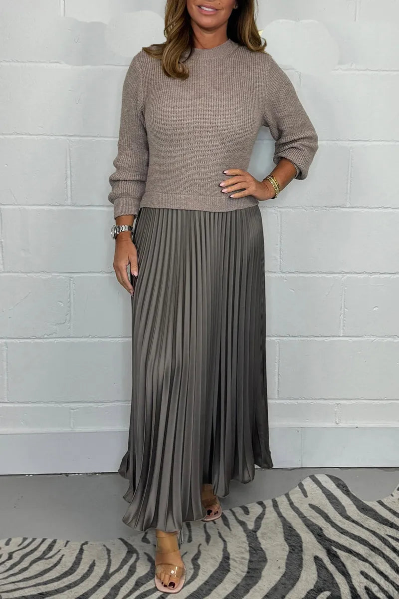 Knit Sweater Midi Dress With Long Sleeves And Pleated Skirt - Versatile Style 1