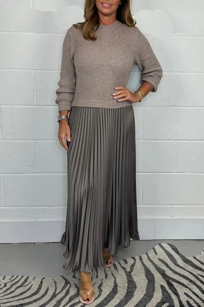 Knit Sweater Midi Dress With Long Sleeves And Pleated Skirt - Versatile Style 1