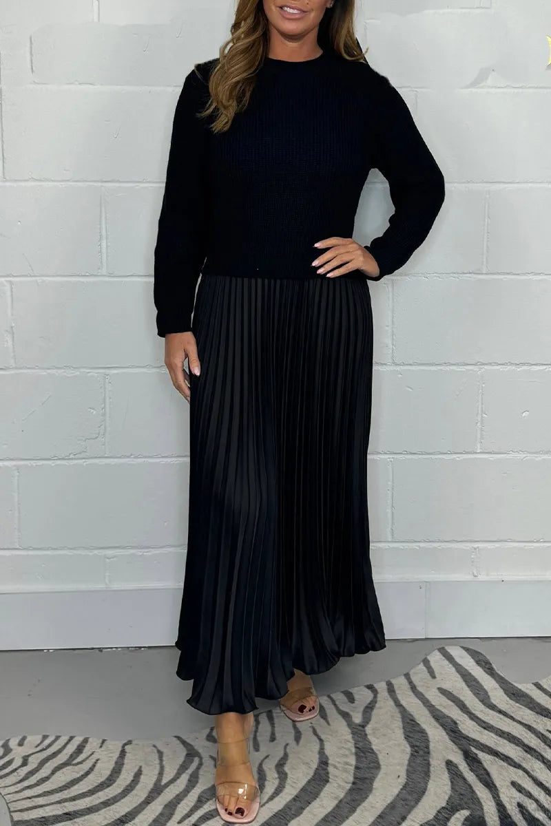 Knit Sweater Midi Dress With Long Sleeves And Pleated Skirt - Versatile Style 2