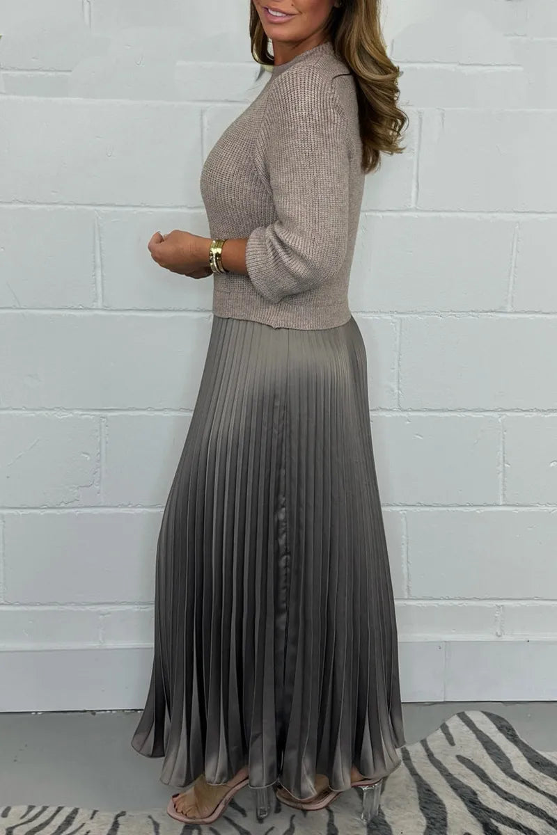 Knit Sweater Midi Dress With Long Sleeves And Pleated Skirt - Versatile Style 7