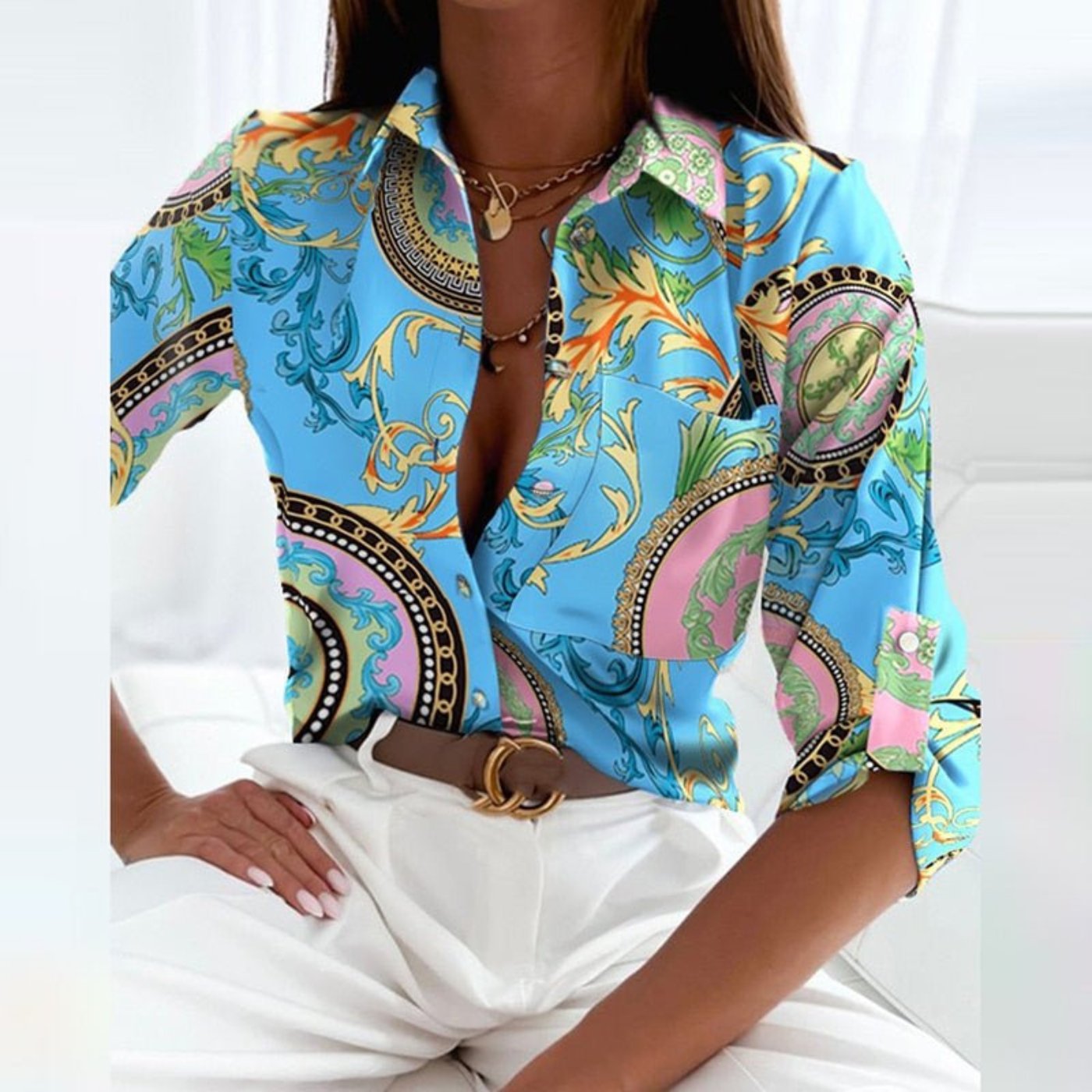 Lena | Women's Satin Geometric Print Button-Down Blouse 10