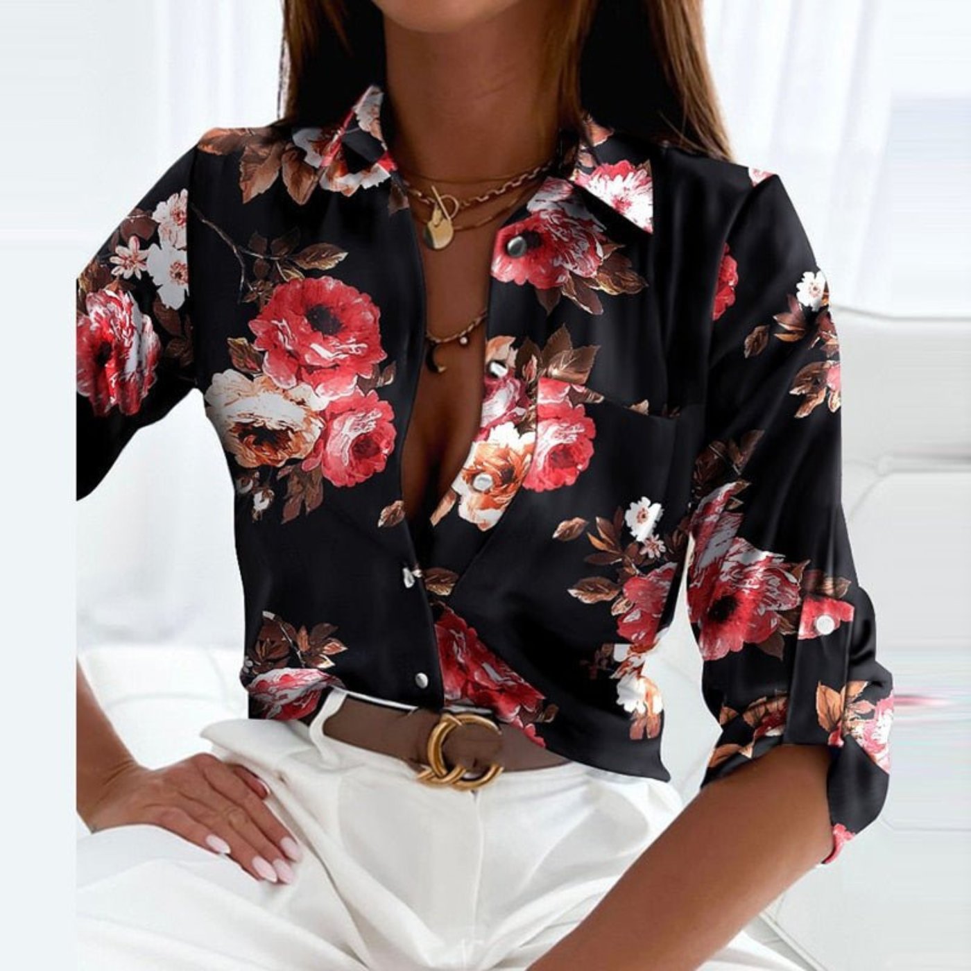Lena | Women's Satin Geometric Print Button-Down Blouse 4