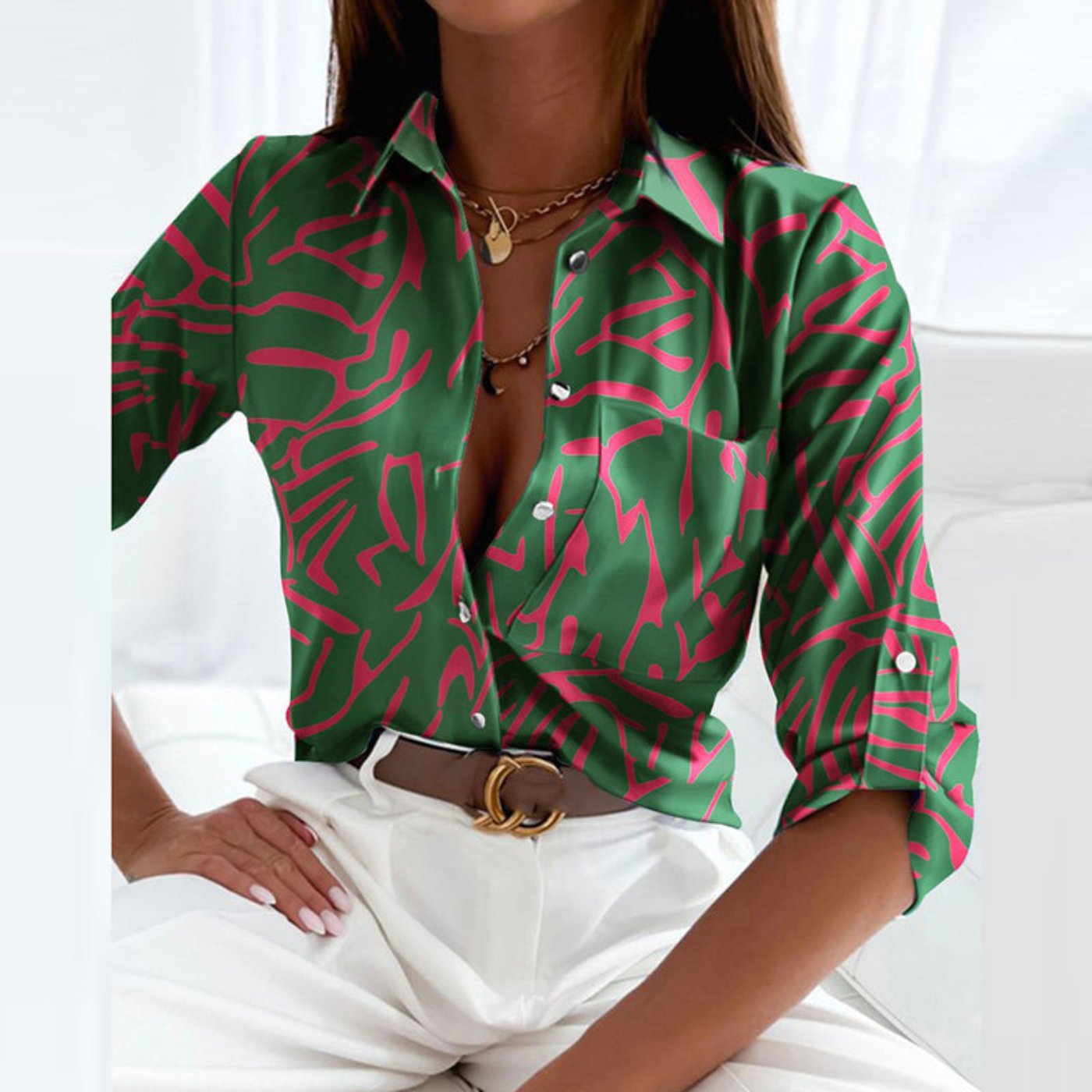 Lena | Women's Satin Geometric Print Button-Down Blouse 9