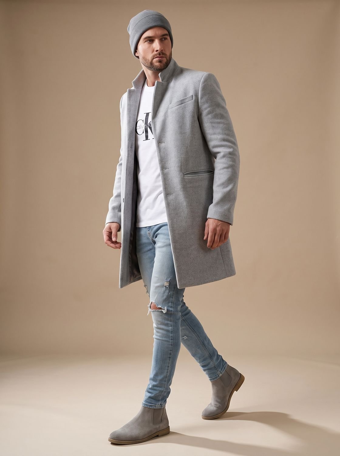 Leo Slim-Fit Mid-Length Wool Coat with Stand Collar and Welt Pockets 0