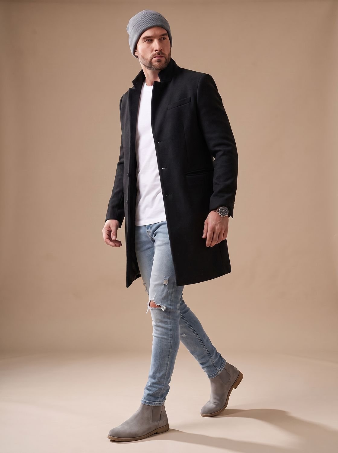 Leo Slim-Fit Mid-Length Wool Coat with Stand Collar and Welt Pockets 1